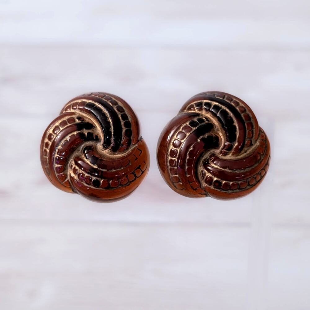 Vintage Clip On Earrings Really Unusual Slightly Opaque Brown Tone Statement